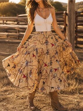 Vintage Sedona Stitchery Southwestern Cowboy Rodeo Tiered Maxi Skirt One Size